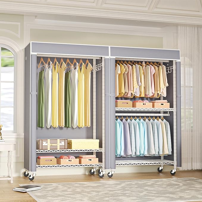 FUTASSI White Clothing Rack with Grey Cover, P1C Rolling Closets | Metal Garment Rack for Hanging Clothes, Clothing Storage Wardrobe, with Wheels