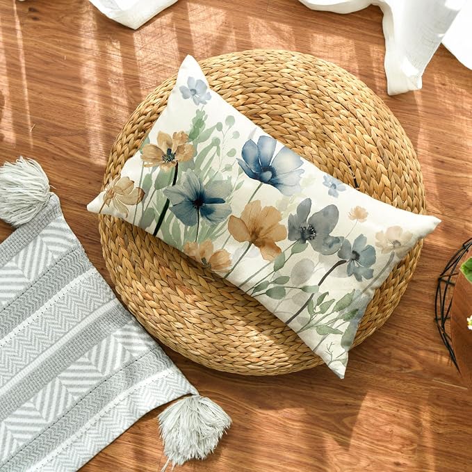 AVOIN colorlife Chinoiserie Poppy Flowers Throw Pillow Cover 12x20 Inch | Light Brown Blue Seasonal Leaves Cushion Case Decoration for Sofa Couch Farmhouse