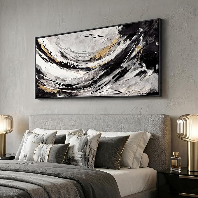 Extra Large Framed Black and White Abstract Wall Art for Living Room, 60x30 | Black gold pictures, Canvas prints, Wood frame, Modern painting artwork for walls, Wall decor for dining room bedroom hallway