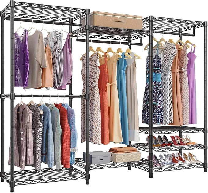 VIPEK V5 Heavy Duty Clothes Rack, Freestanding Modular Closet System, Black | 890 lbs Load, 4 x 23.6 in hanging rods, 8 x shelves (2 adjustable), Supports expansion with accessories