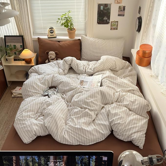 mixinni Vintage Striped Duvet Cover Set King Size, 3 Piece Premium Washed Microfiber Minimalist Beige Brown Stripes Bedding, Neutral Comforter Cover with Hidden Zipper & Corner Ties for Men Women
