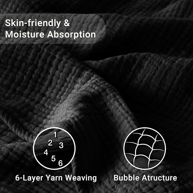 100% Cotton Muslin Blanket Large 50"x 70", 6 Layers Breathable and Lightweight Cotton Throw Blankets for Couch, Soft Cooling Summer Gauze Blanket for Adults All Season, Black