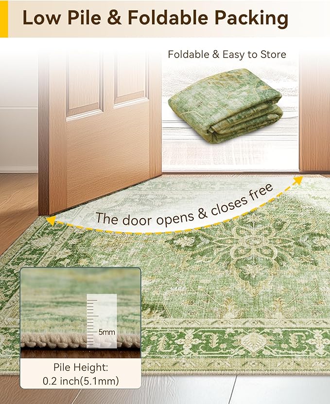 RELEANY Washable Area Rug, Large 10'x12', Green/Yellow | Non-Slip, Water Repellent, Pet Friendly, Easy to Clean, Vintage Floral Boho Decor for Living Room Bedroom Dining Room