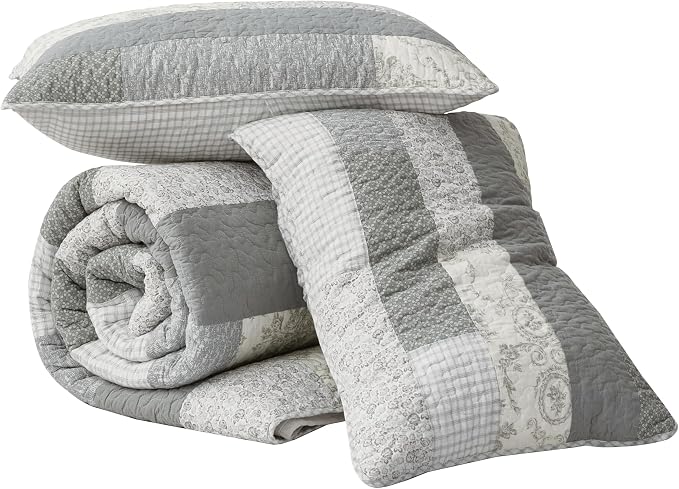 Chezmoi Collection Caleb 2-Piece Muted Gray White Ivory Floral Plaid Rectangular Patchwork Quilt Set - Pre-Washed Cotton Quilted Lightweight Reversible Bedspread for All Seasons, Twin Size