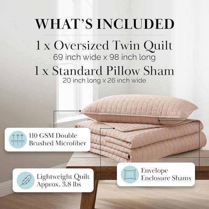 Southshore Fine Living, Inc. Twin Quilt Bedding Set, Stitched Soft Brushed Microfiber Blush Pink Quilt, Twin Coverlet Bedspread, Wrinkle & Pet Hair Resistant Bedding, Easy Care, 1 Pillow Sham, Blush