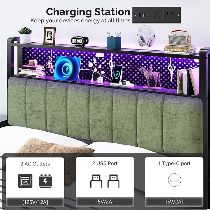 VINGLI Chenille Green Queen Size Headboard for Bed with Storage Bookcase, Upholstered Head Board with Charging Stations and LED Lights, 2 Tier Shelves and Pegboard,Height Adjustable