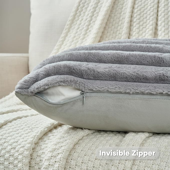 FUTEI Pack of 2 Faux Fur Throw Pillow Covers 24x24 Inch, Grey | Fluffy Faux Rabbit Fur Front/Premium Velvet Back,Hidden Zipper,Machine Washable,Non-Shedding,Colorfast,Insert Not Included.