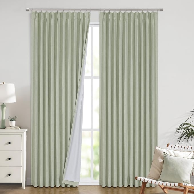 Vision Home Soft Green Pinch Pleated Full Blackout Curtains Linen Blended Room Darkening Window Curtains 102 inch for Living Room Bedroom Thermal Insulated Pinch Pleat Drapes with Hooks 60" Wx102 Lx1