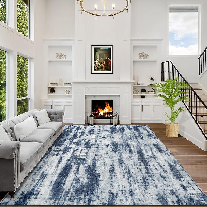 5x7 Area Rugs for Living Room: Washable Abstract Blue Grey Badroom Carpet | Non-slip TPE backing makes this washable soft low-pile rug safe & durable, Pet-friendly decor for dining room,nursery,office