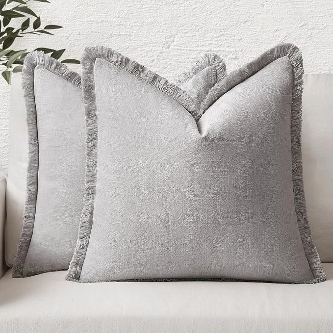 MIULEE Boho Linen Fringe Decorative Throw Pillow Covers Light Grey 18x18 | Set of 2, Cottagecore Decor, Boho Farmhouse Neutral Pillow Covers, Rustic Couch Cushion Cases for Sofa Bed Living Room