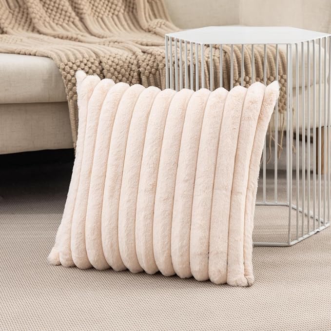 ZLINA Beige Striped Faux Fur Throw Pillow Covers 24 x24 Inch | 2‑Pack, boho striped pillow covers,velvet back,fuzzy plush cushion covers , for sofa bed livingroom home decor