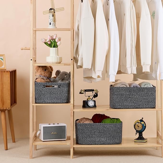 MiniArk Large Storage Baskets for Shelves, 17 x 13 x 7.5” Closet Organizers Bins for Clothes Blanket Towels, Baby Nursery, Toy Baskets Box, Woven Rope Baskets, 3 Packs Dark Gray