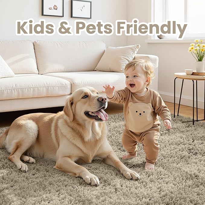 5x7 Fluffy Shag Area Rugs for Living Room Bedroom: Soft Carpet Gray Camel | Upgraded Non-Slip Thick Memory Foam, Ultra Soft, Non-Shedding Fuzzy Carpet, Easy Clean Decor for Kids Room, Nursery, Playroom