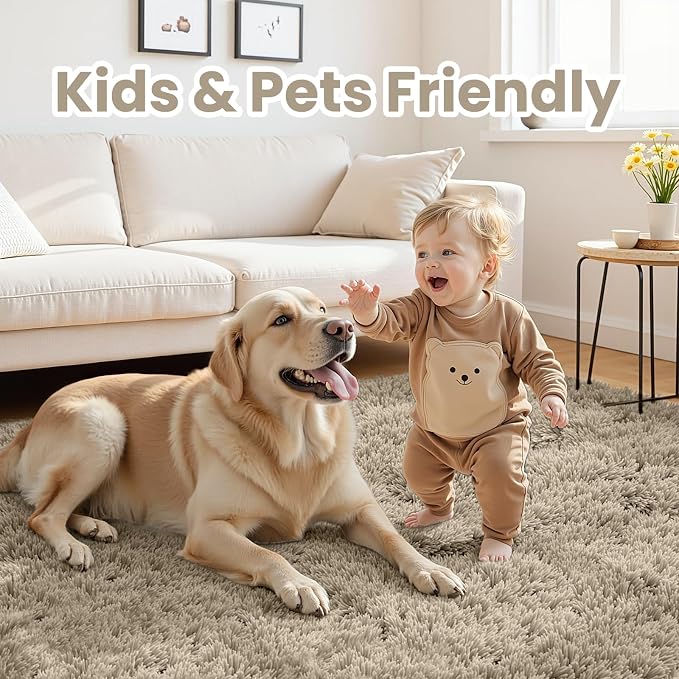 6x9 Fluffy Shag Area Rugs for Living Room Bedroom: Soft Carpet Gray Camel | Upgraded Non-Slip Thick Memory Foam, Ultra Soft, Non-Shedding Fuzzy Carpet, Easy Clean Decor for Kids Room, Nursery, Playroom