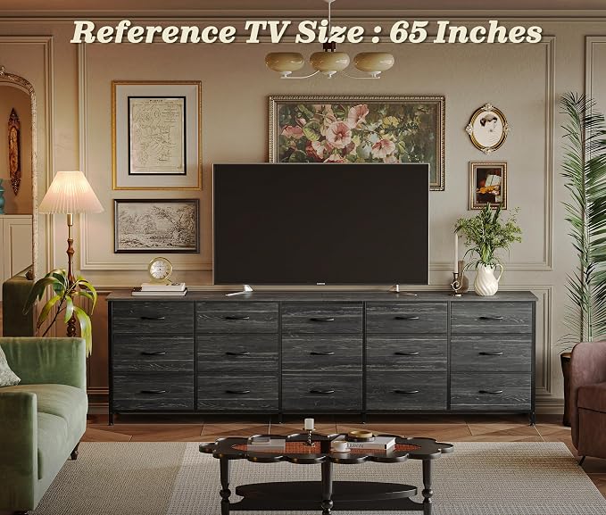 Huuger 78.7 inch Long Dresser for Bedroom, 15 Drawer Fabric Dresser for Closet, Large TV Stand for 65, 75, 85 inch TV, Wide Chest of Drawer with Storage, 78.7" W x 12.9" D x 26.7" H, Charcoal Black