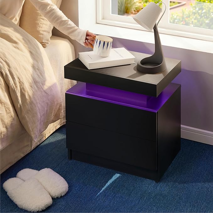 i-aplus Black Modern LED Nightstand Set of 2 with 2 Wood Drawer for Bedroom | Nightstands with App-Controlled RGB LED Lights, Night Stand with Storgae Drawer, Modern Bedside Table for Bedroom