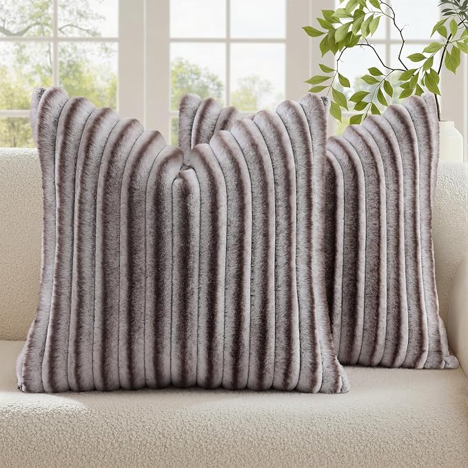 decorUhome Fall Faux Fur Throw Pillow Covers 20x20 Set of 2 Brown White | Decorative Soft Cozy Striped Plush Modern Farmhouse Boho Couch Pillow Cases Velvet Back for Sofa Bed Living Room Home Decor