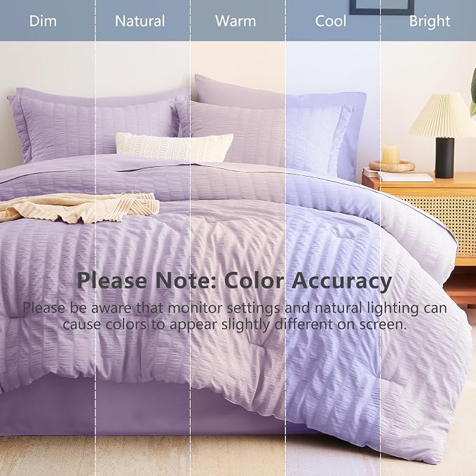 King Comforter Set, 7 Pieces Light Purple Seersucker Bed in a Bag | OEKO-TEX Certified, All Season Bedding Set with 240 GSM Down Alternative Comforter, Flat & Fitted Sheets, Pillowcases & Shams