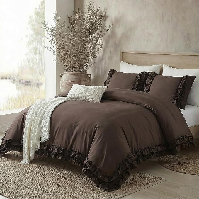 Dark Brown Duvet Cover Set Elegant Ruffled Bedding King Shabby Chic Lace Ruffle Boho Bedroom Decor Vintage Boho Style Chocolate Duvet Cover with Pillowcases