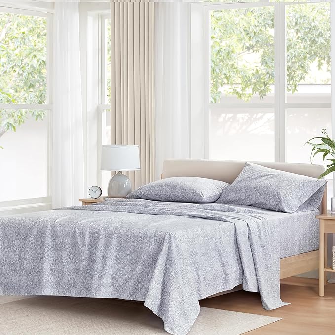 Comfort Spaces 100% Cotton Percale Sheets Queen Size 4 Pcs, Adelia Gray | Crisp, Cool & Breathable Bed Sheets, 14" Deep Pocket Fits Up to 16" Mattress, Lightweight, All Season Cozy, with Pillow Case
