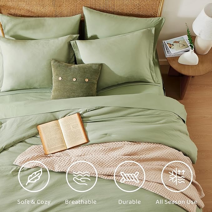 Super King Size Comforter Set- 7 Pieces Soft Bed in a Bag King Bedding Sets | Prewashed All Season Comforter with Sheets, Pillow Shams & Pillowcases, Sage Green