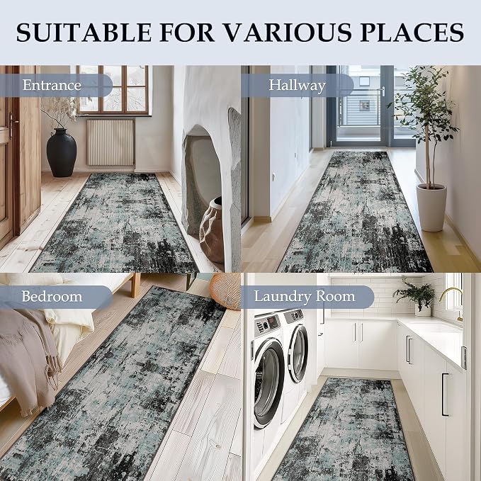 RELEANY Washable Runner 2'x6' Abstract Area Rug for Hallway Teal Black | Carpet for Kitchen, Entryway, Bathroom, Living Room, Bedroom, Printed Pattern, Non‑Slip, Soft, Stain‑Resistant, Easy to Clean