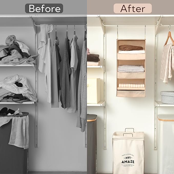 GRANNY SAYS 3-Shelf Hanging Closet Organizer, Foldable Storage, Khaki | 33 lb Capacity, No-Sag Support, Keeps Clothes Neat, Folds Flat, Fits RV, Dorm & Small Closets, 2 Pack