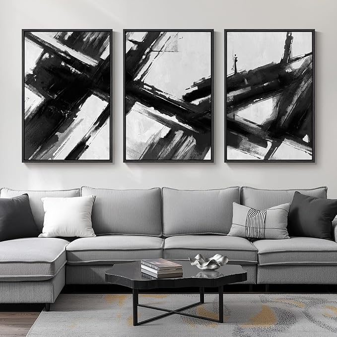 Large Framed Black and White Abstract Canvas Wall Art for Living Room | 3 Piece Modern Prints Paintings, Minimalist Artwork, Abstract Brushstroke Pictures, Hallway Dining Office Wall Decor 24x36 In