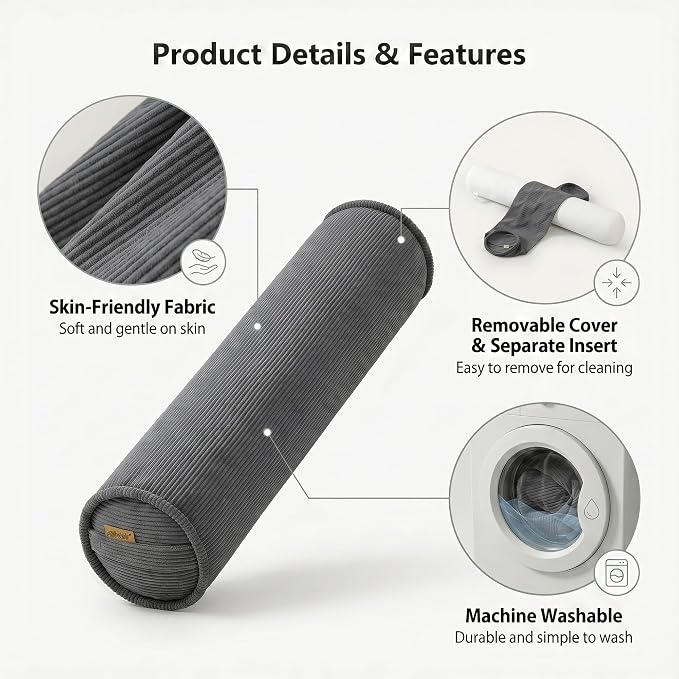 Corduroy Long Body Pillow for Adults, Cozy Cylinder Bolster Pillow for Side Sleepers, Soft Support Hugging Pillow for Bed, Sofa, Sleeping & Lounging, 47 x 7.87 Inches, Dark Grey