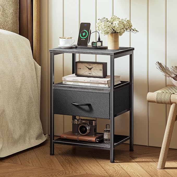 SUPERJARE Nightstand with Charging Station, Bed Side Table with Adjustable Fabric Drawer, Night Stand for Bedroom, 3-Tier Storage End Table, for Living Room, Charcoal Gray | Night Stand for Bedroom, with Adjustable Fabric Drawer, 3-Tier Storage End Tab...