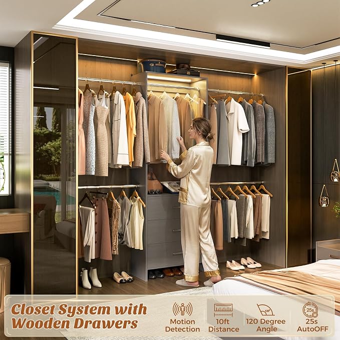Aheaplus Closet System with Motion-Sensing Light, 3 Wooden Drawers and 4 Hanging Rods, Customizable Walk-in Closet Organizer with 3CCT LED, Heavy Duty Garment Rack for Bedroom,Grey