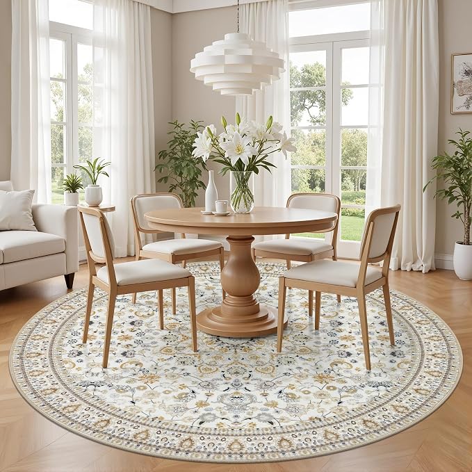 Round Area Rug for Living Room: 8ft Washable Rug for Bedroom Beige | Vintage Boho Soft Round Rug Indoor Floor No Slip Carpet Stain Resistant Rugs for Bedroom Dining Room Nursery Home Office