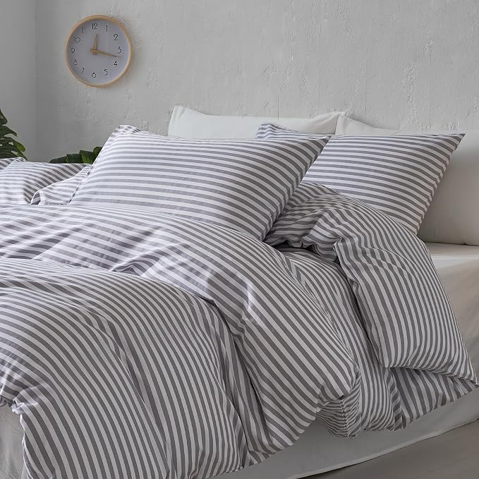 JELLYMONI 100% Cotton Printed Striped Full Duvet Cover Set, Grey | Breathable and Soft, Classic Stripes, 8 Corner Ties & Double-Head Hidden Zipper, For Guest or Teen Room