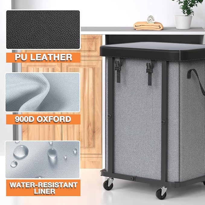 Laundry Basket with Wheels,150L (40 Gal) Rolling Hamper Carts - Gary | Leather Patchwork Laundry Hamper,Sturdy Metal Frame, Removable Washable Bag, Tall Clothes Sorter for Bedroom, Laundry Room