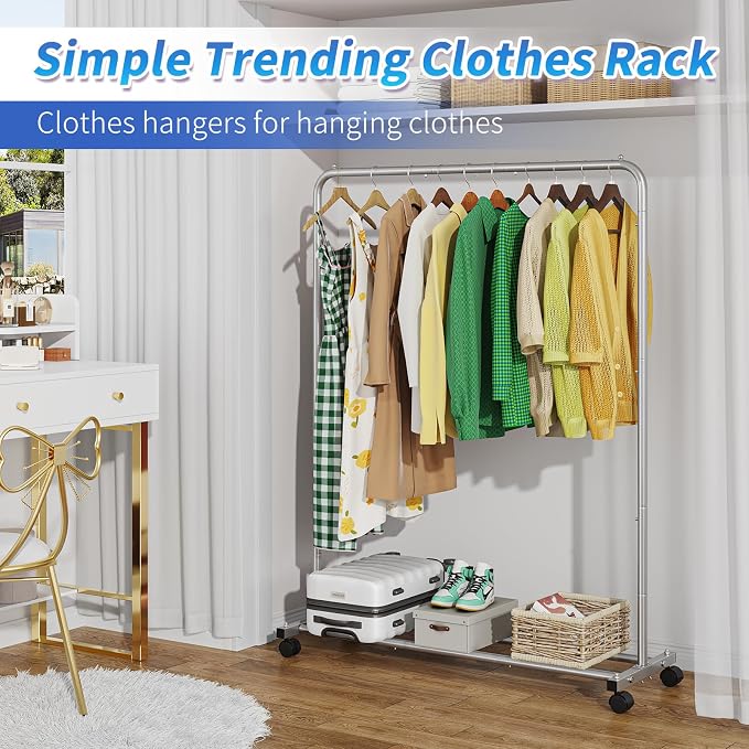Simple Trending Clothes Clothing Garment Rack, Clothes Organizer, Silver | Storage Shelves, 360° Lockable Wheels, Anti-Slip Stoppers, Bedroom, Laundry Room