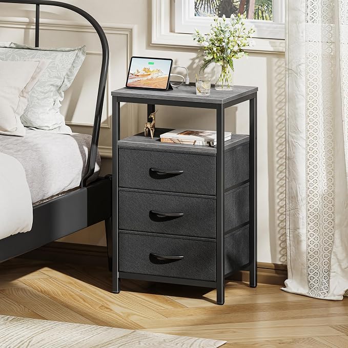 Huuger Nightstand with Charging Station, 27.6 Inch Bedside Table,Side Table | Night Stand with USB Ports and Outlets, End Table with Fabric Drawers, Night Stand with Charger Station, Charcoal Gray