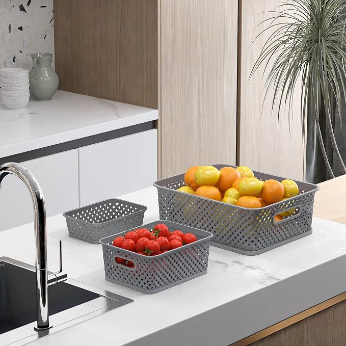 MaxGear 3 Pack Plastic Storage Baskets, Medium, Grey | Durable Woven Plastic with Built-In Handles, Suitable for Shelves, Closets, Cabinets, Bathrooms and Offices