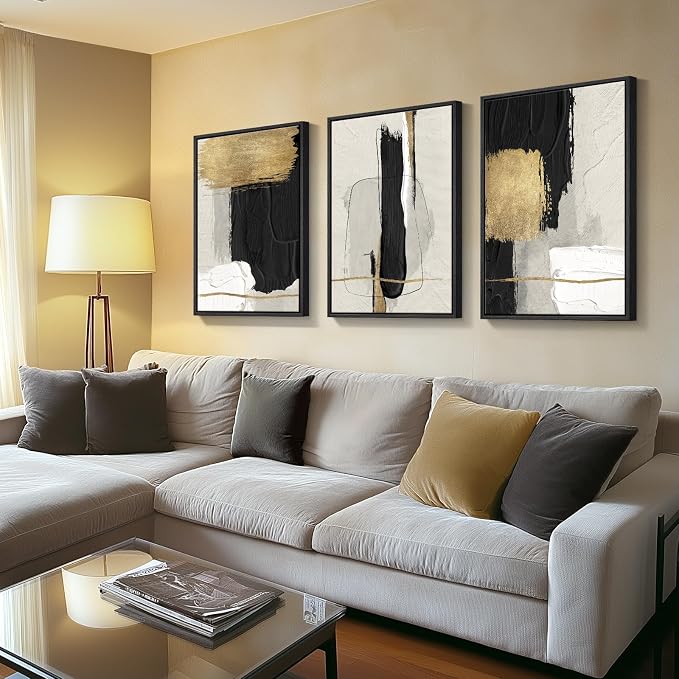 Large Framed Black and White Abstract Wall Art for Living Room, 3 Piece | Modern Paintings, Minimalist Artwork, Black Gold Pictures, Canvas Prints, Wood Frames, Office Bedroom Wall Decor 24x36 Inch