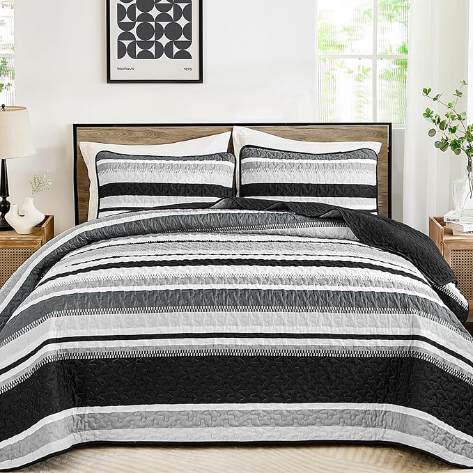 WONGS BEDDING Striped Quilts King Size Set, Black Lightweight Bedspread | Lightweight Microfiber Coverlet, Breathable All-Season, Machine Washable, 3-Piece Set 110"x90", Great for Men Boys Dorm Room