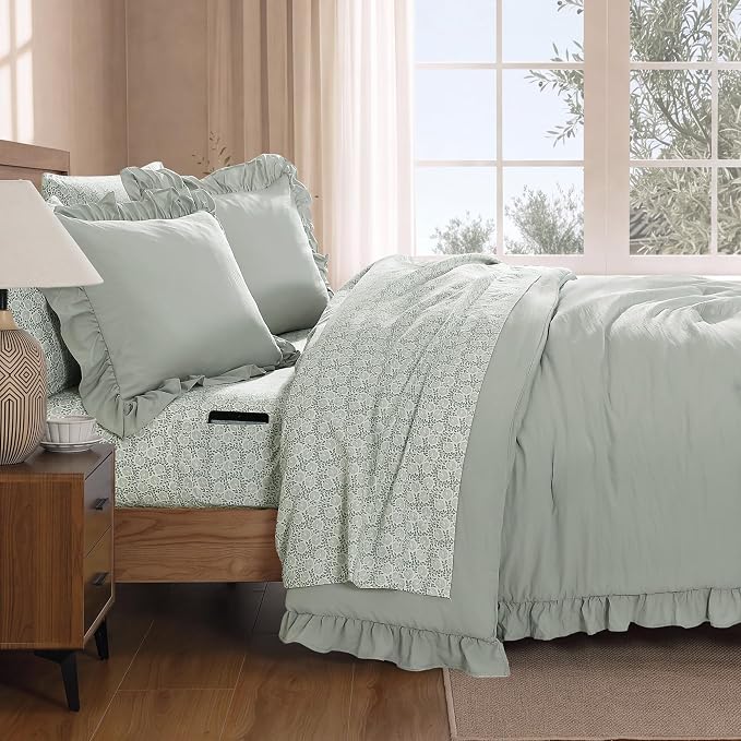 Full Size Comforter Sets-7 Pieces Ruffle Bedding Floral Sheet | Sage Vine Bed in a Bag, Soft Lightweight All Season Farmhouse Full Size Bedding Sets with Floral Sheets, Pillowcases & Shams