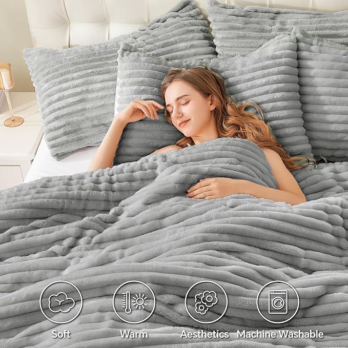 BEDELITE Fleece Oversized Queen Comforter Set, Fluffy Bed Set, Light Grey | Super Soft & Warm Bedding, Luxury Fuzzy Faux Fur Comforter for Winter, Heavy Plush Bedding, with 2 Pillowcases