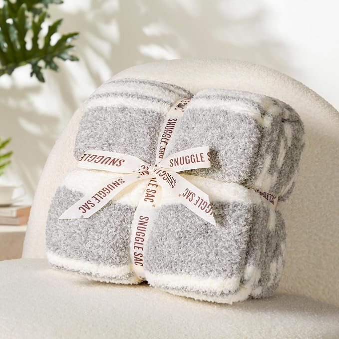 Snuggle Sac Queen Size Bedding Blankets, Super Soft Warm Blankets Cozy Knit Fuzzy Oversized Blankets for Bed, Stripe Grey, 90"x90"