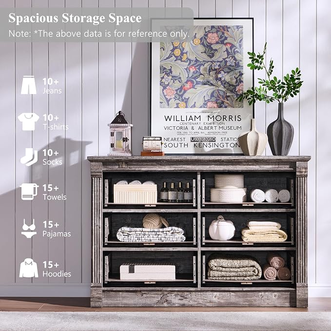 Aitjunz Farmhouse 47'' Wide 6 Drawer Dressers for Bedroom, Light Grey | Chests of Drawers w/Roman Columns, Horizontal Wooden TV Stand Dresser w/Metal Handle for Bedroom, Hallway, Living room