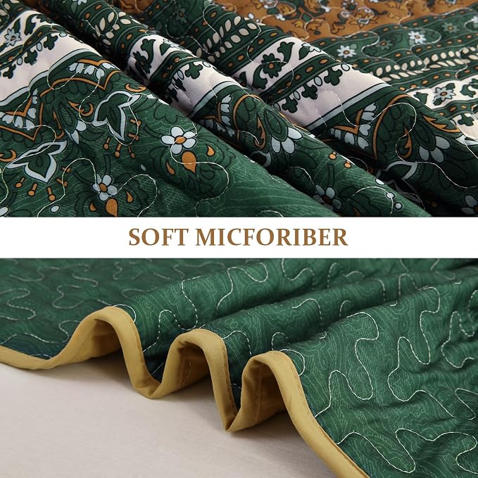 WONGS BEDDING Boho Quilt Queen Size,3 Pcs Bedspread Set, Brown Green | Colorful Bohemian Striped Printed Bedding for All Season, Lightweight Microfiber Coverlet Set with 2 Pillowcases(96"x90")