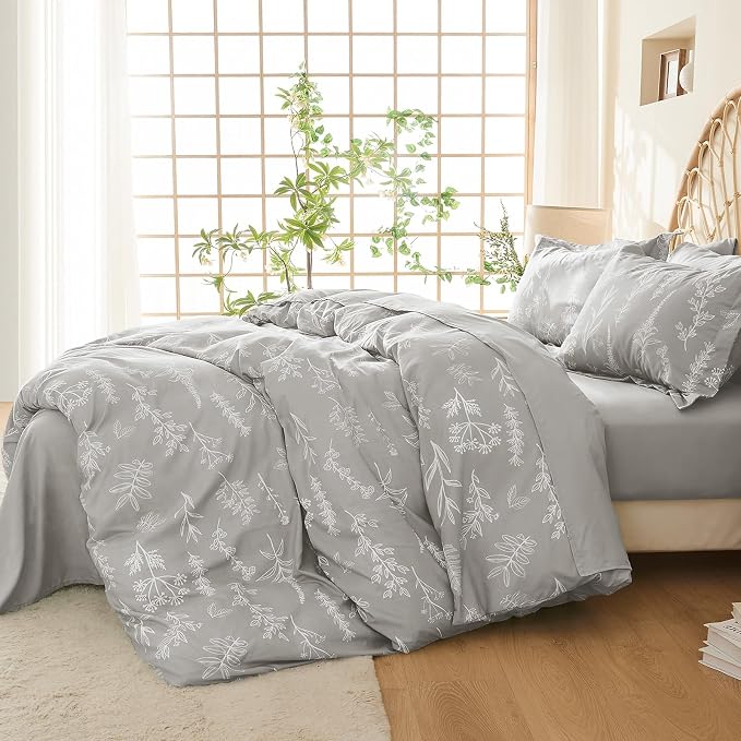 MUXHOMO Duvet Cover King Size, Reversible Floral Silver Gray Duvet Cover Set with Zipper Closure, 3 Pieces Botanical Patterns Soft Microfiber Bedding Set with 4 Ties (90"x104", 2 Pillow Cases)