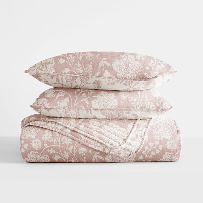 Merit Linens 3 Piece Quilt Set - Super Soft - Lightweight - All Season Quilted Coverlet - Floral Patterns - Twin/TwinXL Rose