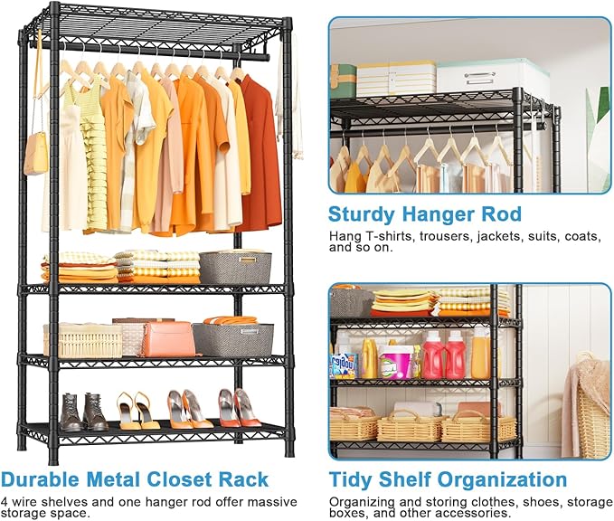Ulif H4 Portable Closets, 4-Tier Metal Clothes Garment Rack for Bedroom and Cloakroom, Clothing Closet Storage and Organizer Wardrobe, 35.4" W x 14" D x 76.4" H, Black | Black Freestanding Clothing Closet Storage and Organizer Wardrobe for Apartment an...