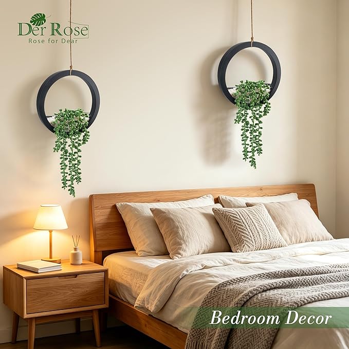Der Rose 2 Pack 16" Artificial Hanging Plants in Black Pots for Wall Decor | Hanging succulents plants，faux string of pearls plants,great for bathroom bedroom living room boho wall decor，fresh all year