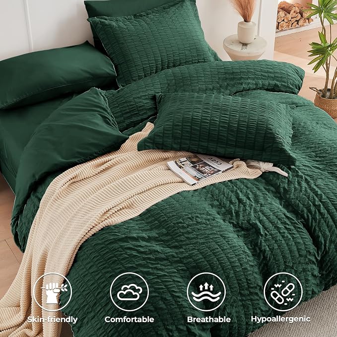 HYMOKEGE Emerald Green Duvet Cover Full Size, Ultra Soft 3-Piece Seersucker Duvet Cover Set with Zipper Closure, Soft Brushed Microfiber Bedding Set with 8 Corner Ties (80"x90", 2 Pillowshams)