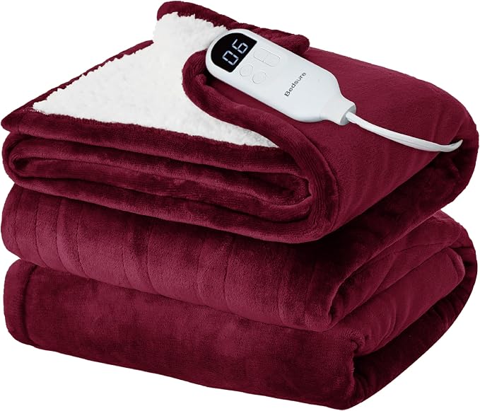 Bedsure Heated Blanket Twin Size, Electric Blanket with Preheat, Burgundy | 6 Heat/6 Timer Settings, 8H Auto Shut-Off, ETL/FCC, Soft Flannel Sherpa, Machine Washable, Gifts for Grandma Grandpa, 62x84in